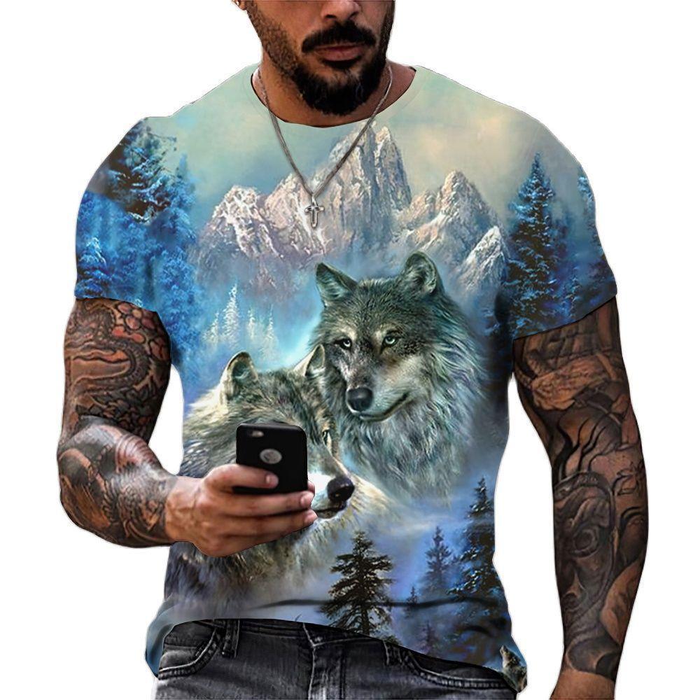 Men's Short Sleeve T-Shirt, 3D Howling Wolf Moon Print, Stylish Casual Wear