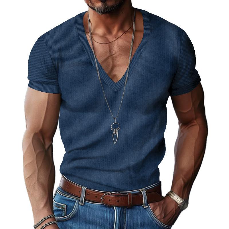 Men's V-neck Slim Fit Corduroy Casual Short Sleeve T-shirt, Solid Color