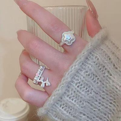 Moda Y2K Color Plata Mate Anillos Estrella Cachorro Niña Dulce Lindo Geométrico Anillo Abierto Para Mujer Accesorios de Joyería de Fiesta Regalos