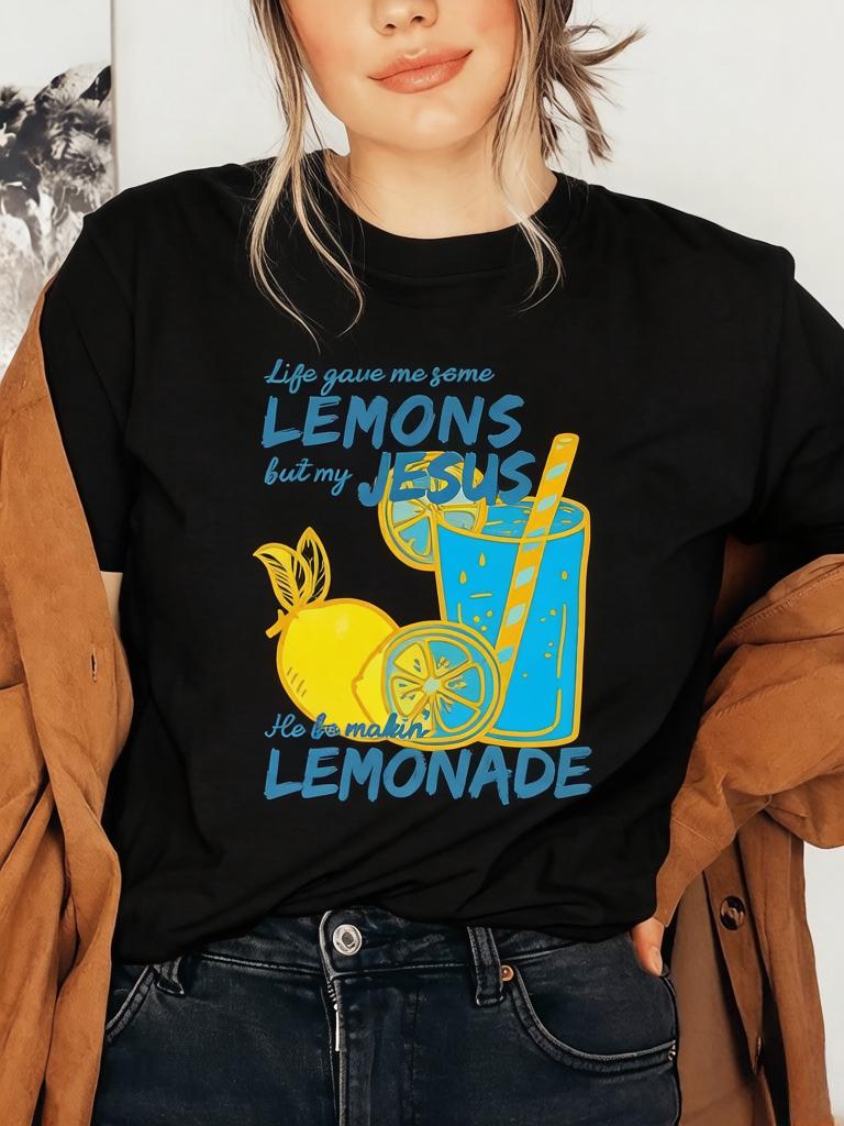 Womens ONeck Cotton T Shirts Lemonade Prints TShirts Jesus Short Sleeves Tops Life Gives Me Some Lemons Summer Casual Clothes
