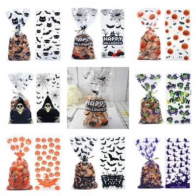 50pcs/pack Portable With Ties Halloween Candy Bags Bat Pattern Color Printing Dessert Packaging Bag Treat Bags Gift Bags Home