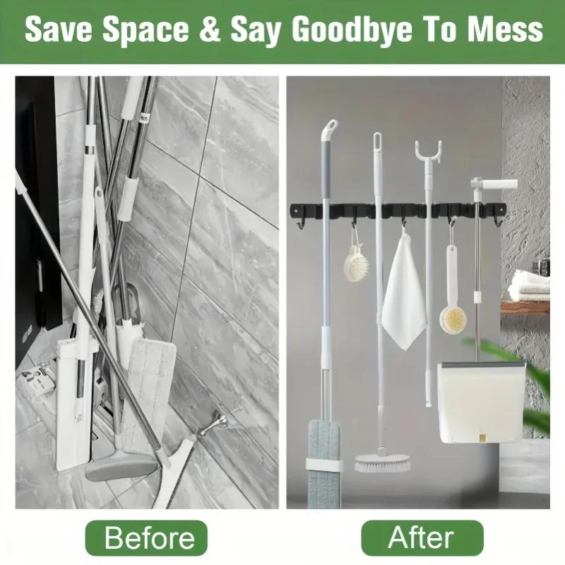 1 Heavy-Duty Metal Tool Rack with 4 Slots and 5 Hooks - Wall-Mounted Garden Tools, Broom, Mop and Garage Equipment, Tool Rack St