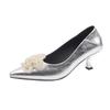 39663 High Instep Fat Feet Stiletto Shoes French Pearl Flower Pointed Heels Large Size Women's Shoes 41 To 43