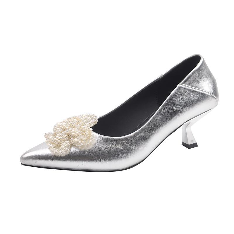 39663 High Instep Fat Feet Stiletto Shoes French Pearl Flower Pointed Heels Large Size Women's Shoes 41 To 43