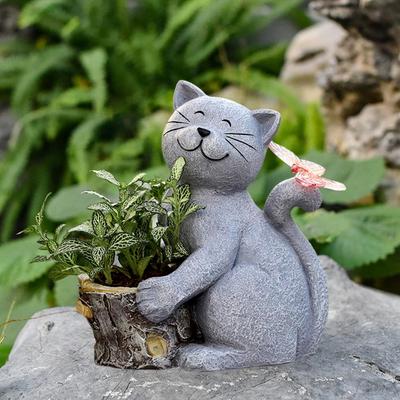Bahçe Kedi Heykeli Açık Hava Güneş Enerjili Kedi Heykeli Led Kelebek Su Geçirmez Saksı Reçine Yavru Kedi Heykelciği Veranda için Dekoratif