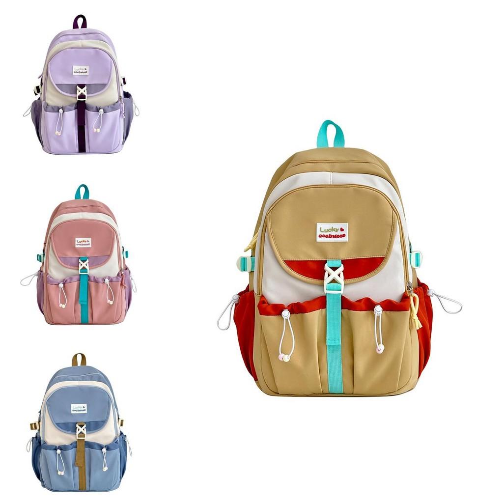 Nylon Girls School Backpack With Letter Decor And Drawstring Design For Campus Use