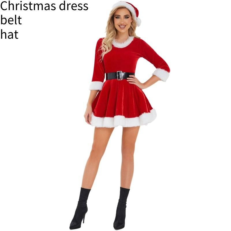 

Красное Рождественское Женское Платье Косплей Костюм Набор Одежды для Сценического Выступления Вечеринка Round Collar,S