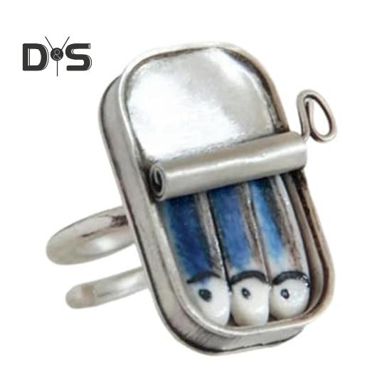 Canned Sardines Ring Adjustable Circumference Sardine Can Necklace Pendant Vintage Jewelry Hand-Painted Tin Ring