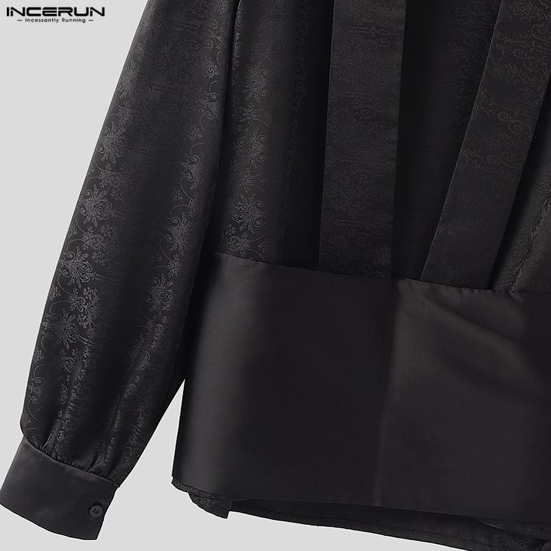 INCERUN Mens Deep V Neck Long Sleeve Floral Patchwork Front Cross Casual Elegant Crop T-shirts