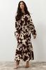 Women's Hijab Dress New Season Fashion Brown Big Flower Patterned Crinkle Woven Dress