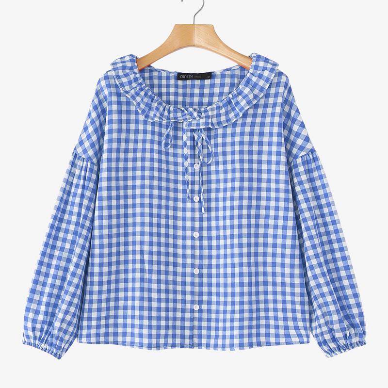 

ZANZEA Женская повседневная блузка с кукольным воротником, в стиле ретро, с принтом в клетку, с длинным рукавом 2XL