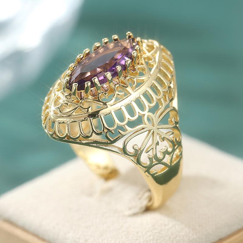 Vintage Inlaid Purple CZ Women's Ring Exquisite Gold Color Geometry Daily Wear Party Jewelry Anniversary Gift