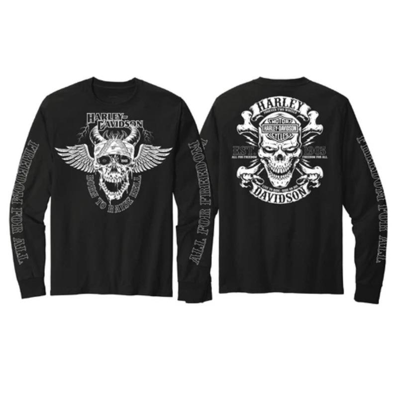 Harley-Davidson schwarzes doppelseitig bedrucktes Langarm-T-Shirt Teufel Totenkopf und gekreuzte Knochen Retro-Motorradstil 4XL gray