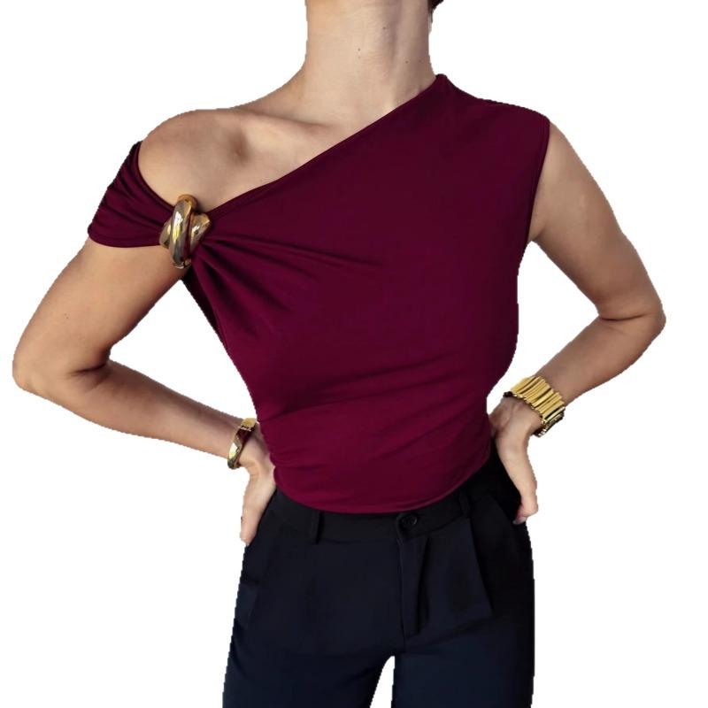 Temperament eenvoudig mouwloos metalen ringontwerp effen kleur dun vest top dames