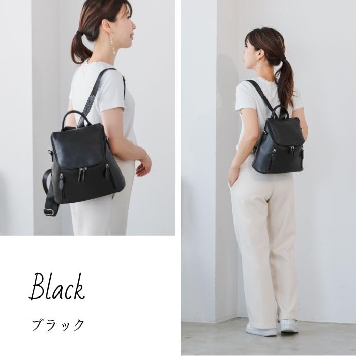 QUAY 3-Wege Leder Rucksack, Echtes Leder, Großes Fassungsvermögen, Damen, mit Schultergurt, 99481 (Schwarz)
