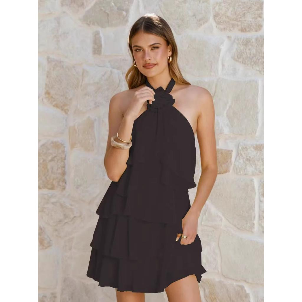 Dames Halter Nek Mouwloos Mini Jurkje Losse Pasvorm Elastische Taille Casual Geplooide Chiffon Jurk