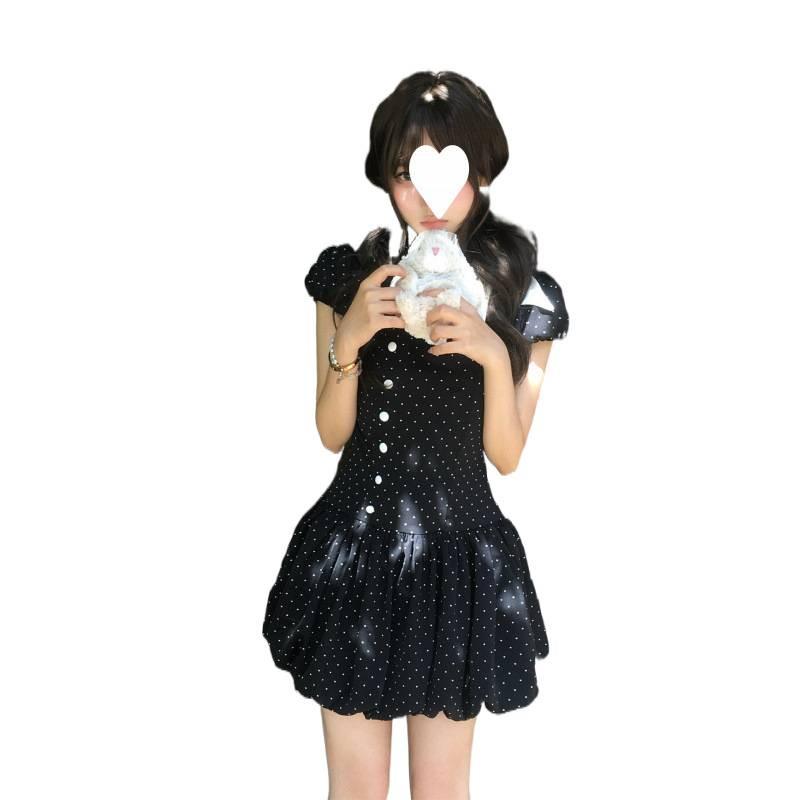 Thousand Gold Wind Bow Polka Dot Dress Women's Summer Retro Small Man Waist and Thin Temperament Fluffy Short Skirt