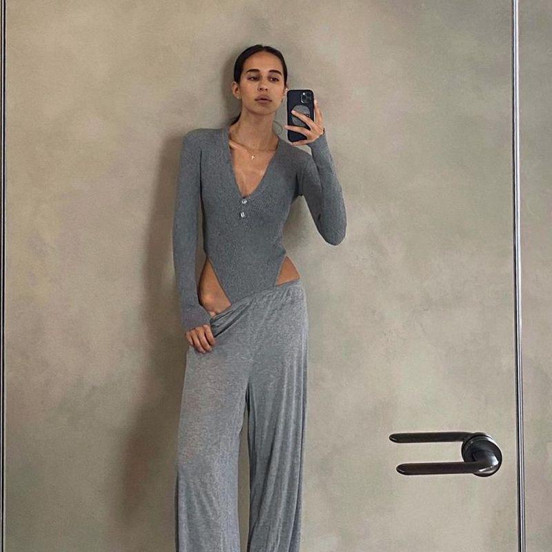 Deep V Low-Cut Long Sleeve Bodysuit Top with Button and Finger Hook for Women, Slim Fit.