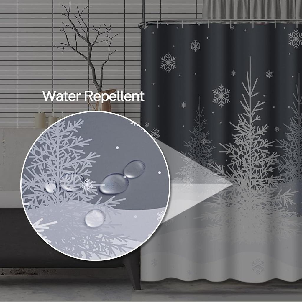 Christmas Shower Curtain, Gray Winter Christmas Trees Grey White Snowflake Waterproof Fabric Bathroom Shower Curtain Set With