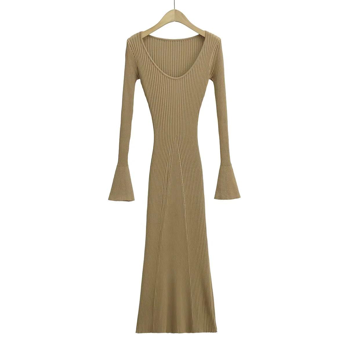 

American Blogger Wool Patchwork V-Neck Bell Sleeve Maxi Dress S/Recommended 90-105 Jin