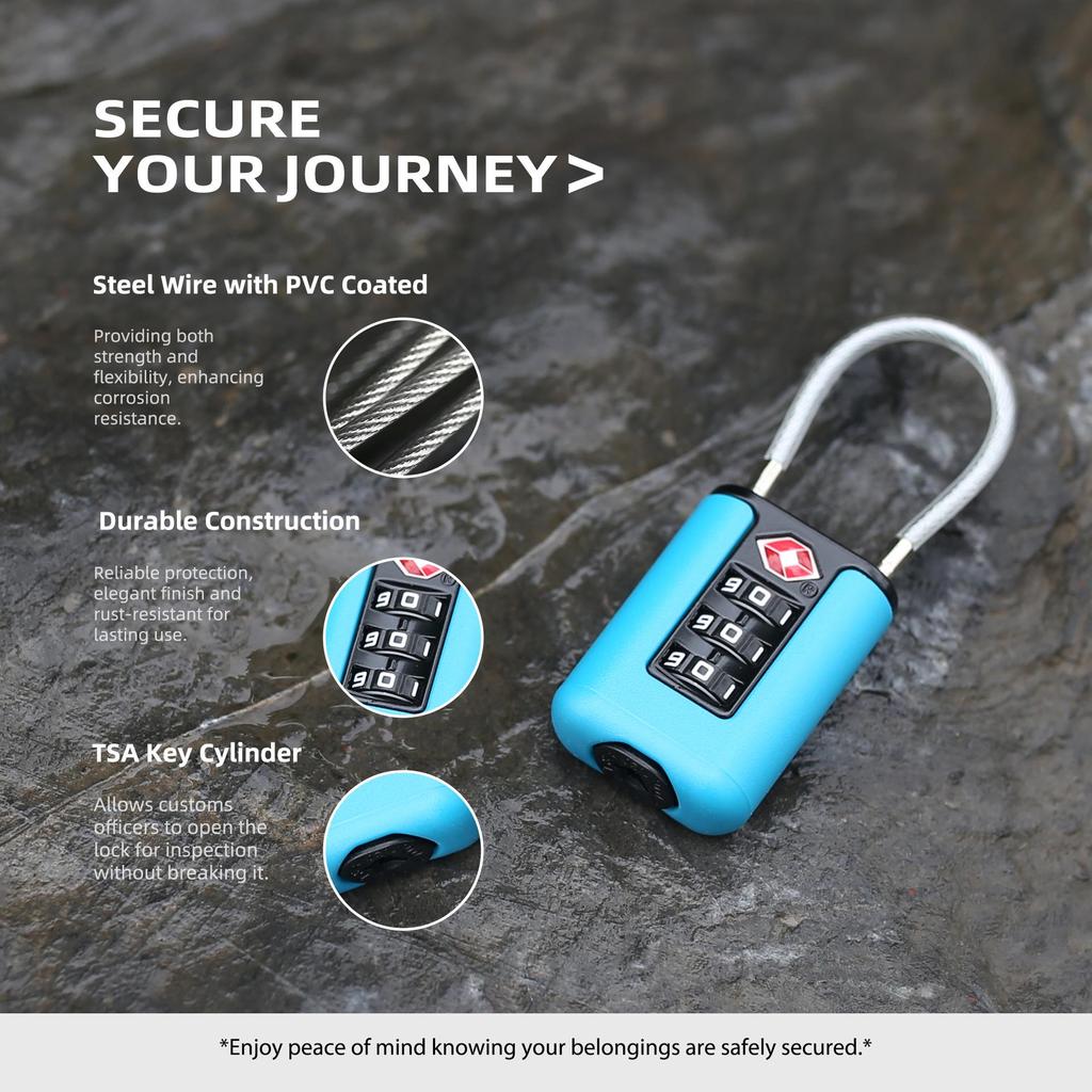 Portable TSA Zinc Alloy Combination Lock with Steel Cable for Luggage
