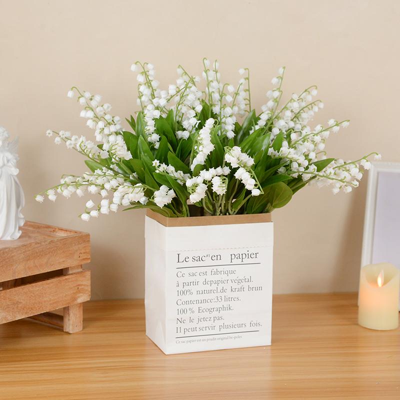 6pcs White Bellflower Artificial Lily Valley Orchid Flower For Home Garden Decoration Wedding Party Bride Bouquet Fake Plant