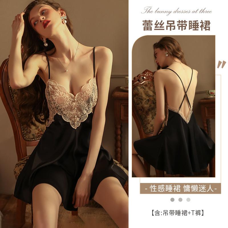 Dottie suspender nightdress women s summer sexy lace see-through pajamas French high-end ice silk loungewear set M