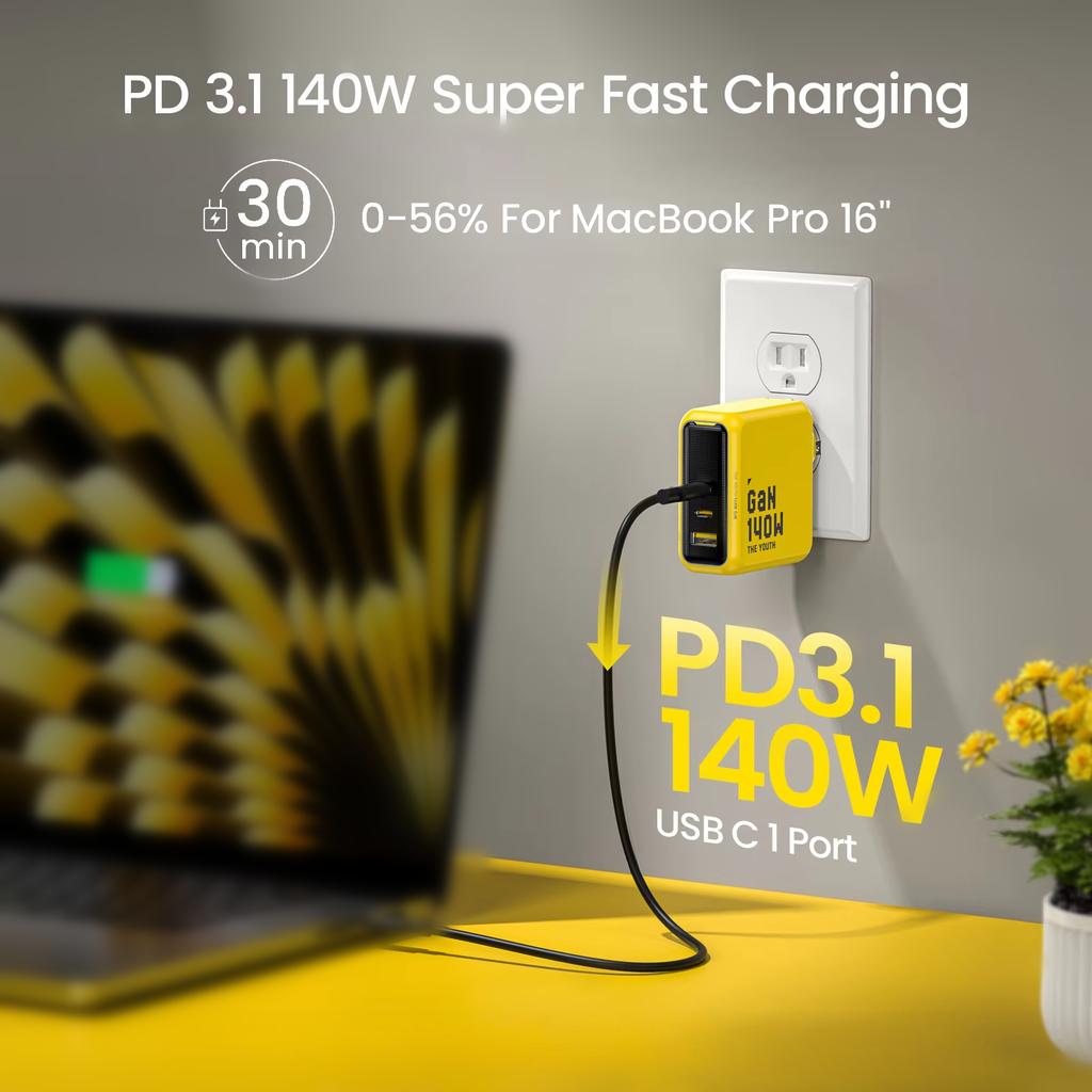 AOHI Youth 140W GaN Charger PD3.1 3-Port Type C Quick Charge For Macbook Pro Laptop USB Fast Charger For Tablet