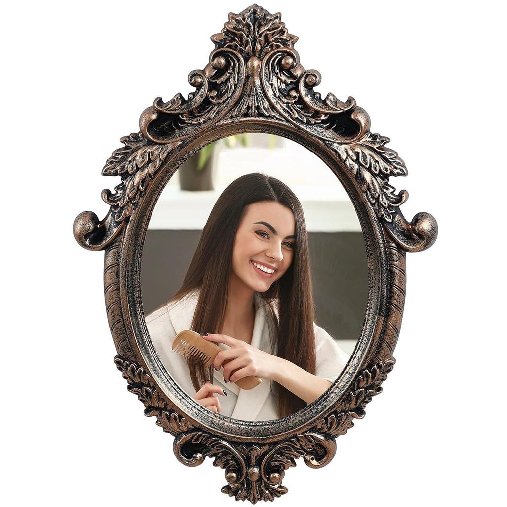 Antiker Wandspiegel - Rahmen mit verschnörkeltem elliptischem Design Vintage Wandmontagespiegel für Badezimmer, Schlafzimmer, Schminktisch, Foyer (Bronze - 64 x 46 cm)