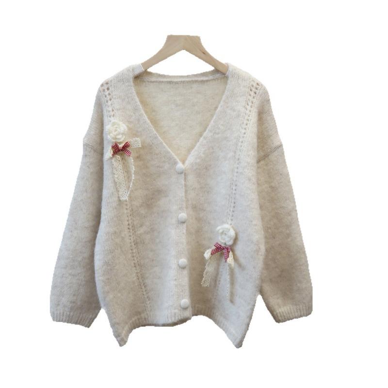 Gentle Wind Knitted Cardigan Autumn and Winter New Design Bow Flower Loose Sweater Jacket Women