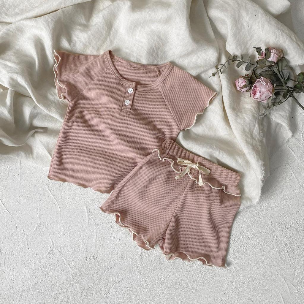 Girls' Short Sleeve Waffle T-shirt & Shorts Summer Two-piece Set