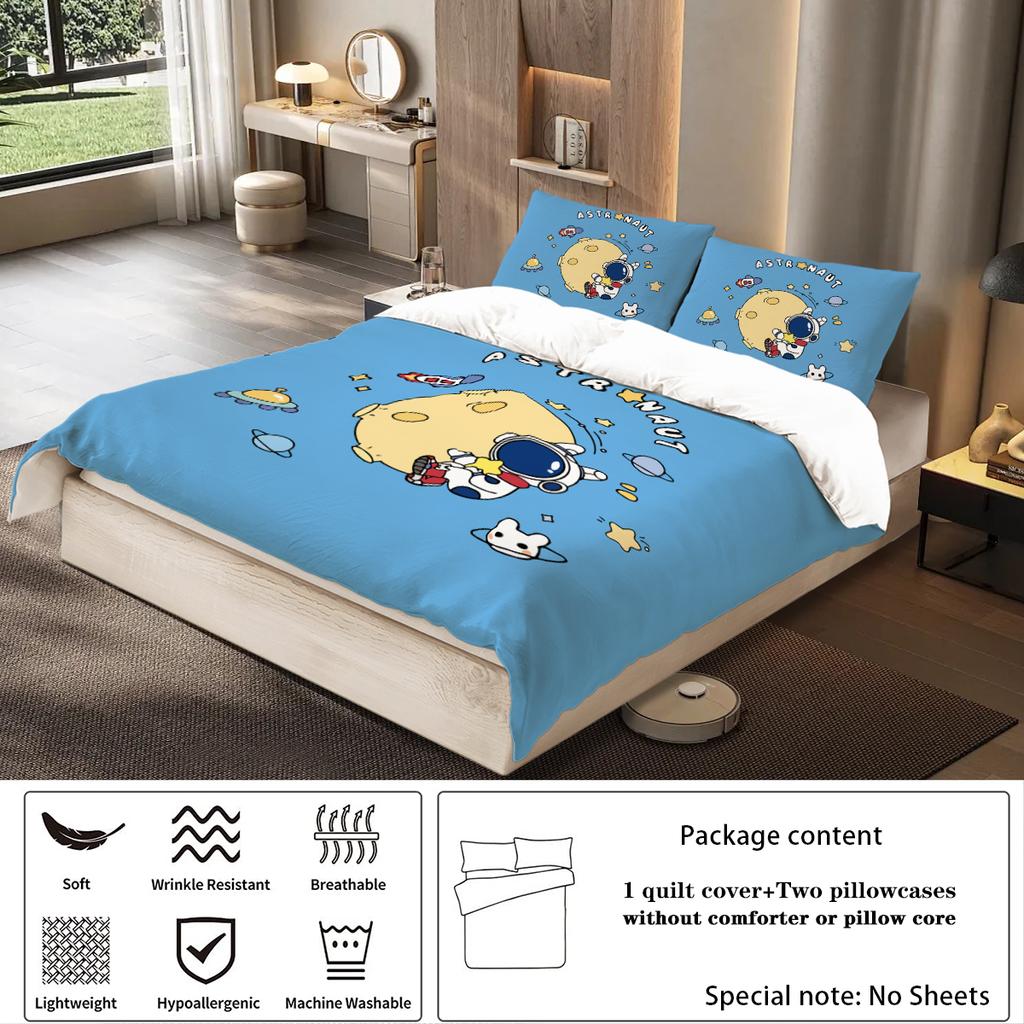 3-piece down duvet cover with blue cartoon astronaut pattern print (1 duvet cover+2 pillowcases, no core) bedding set