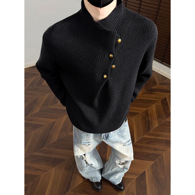 Hoge Hals Trui voor Mannen in Koreaanse Stijl met Onregelmatig Knopenontwerp - Trendy, Cool, Casual Gebreide Top
