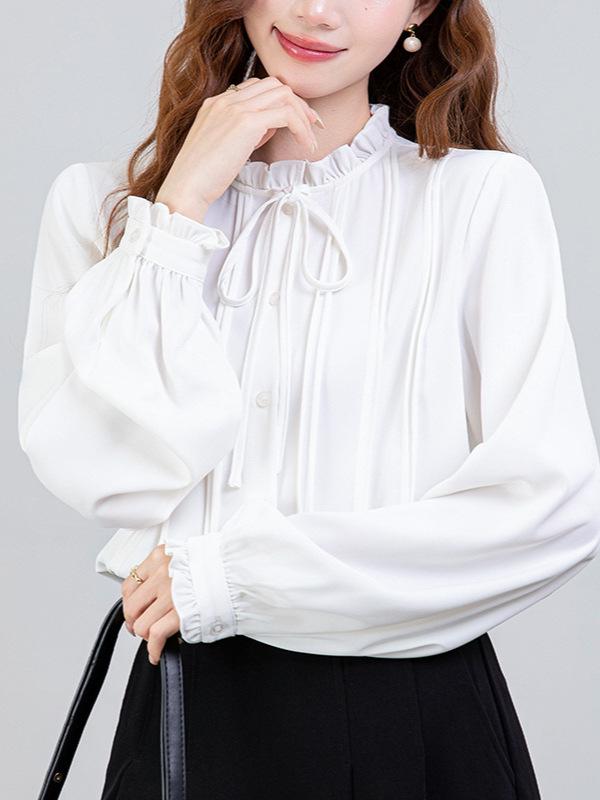 2026 Spring French Style Women's White Ruffle Shirt - Elegant Layered Design