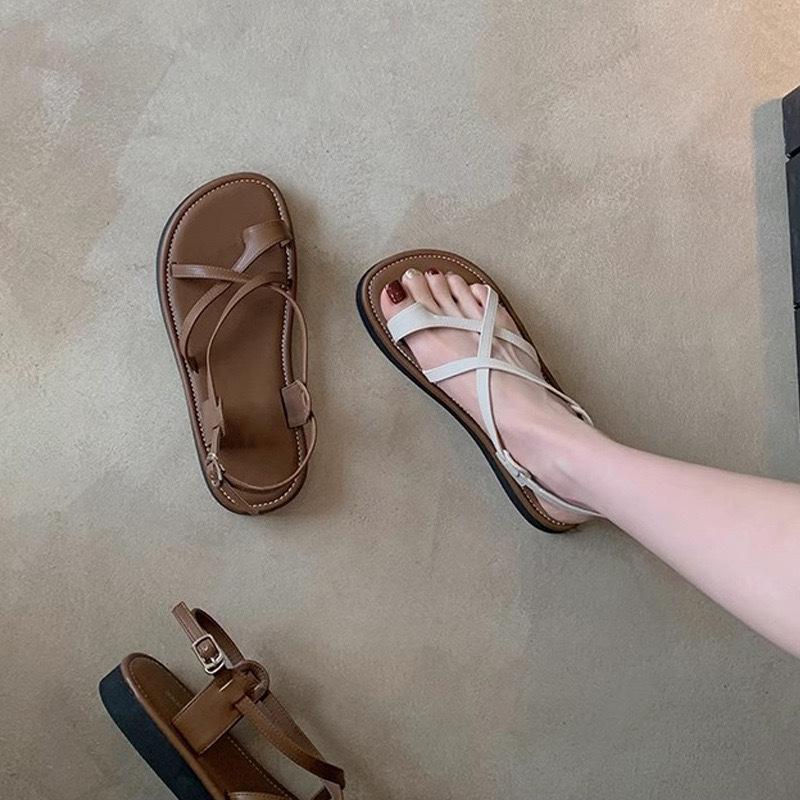 Schaffellversion~ Traubenmutter gleiche Ledersandalen Damen Sommer flachsohlig vielseitig Zehensteg gekreuzt mit Strand Römerschuhen