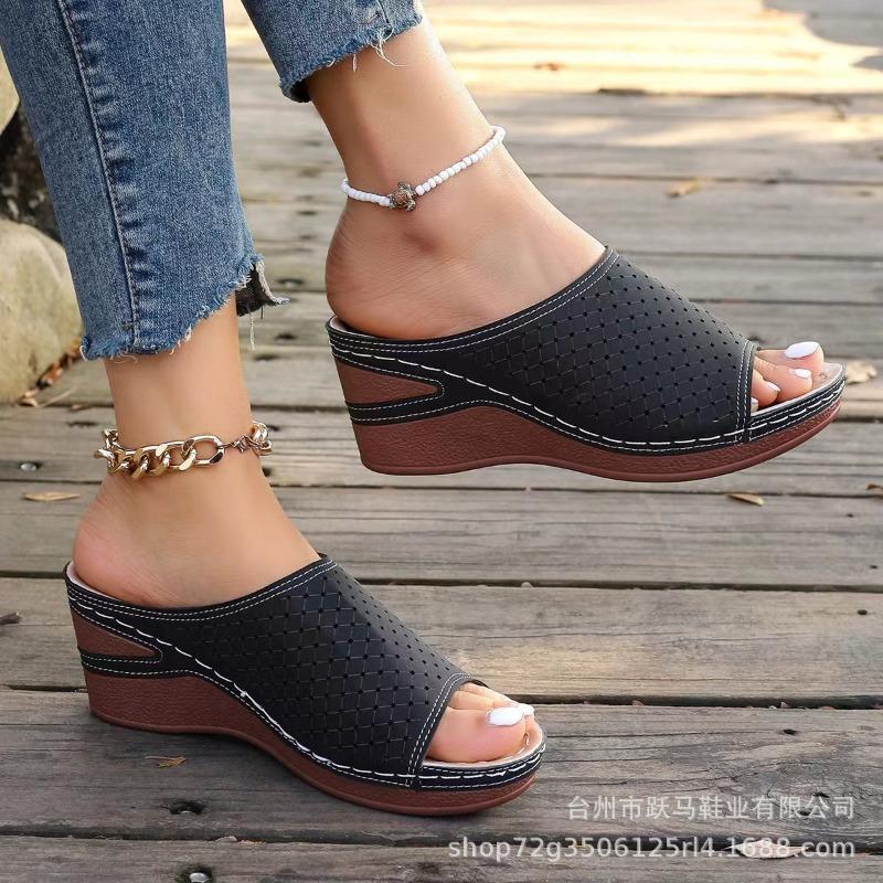 European and American sandals women's large-size wedges, summer new fish mouth laser hollow shoes wear cross-border slippers women