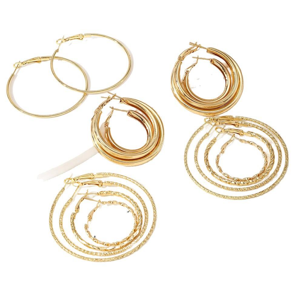 Hot-selling gold ear buckles, stacked wearing large round earrings, beating pattern twist popular popular circle earrings 1-piece set