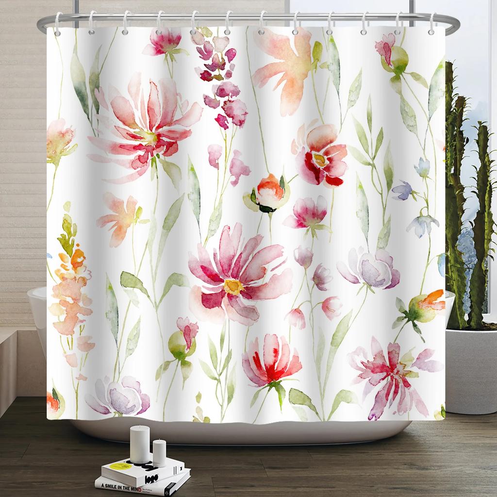 Watercolor Floral Shower Curtain for Bathroom Spring Elegant Flower Printed Bath Curtain Botanical Wildflower Bathroom Decor