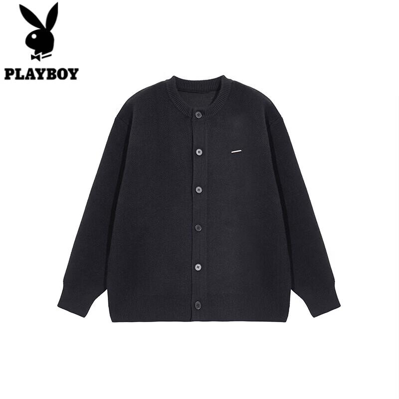 PLAYBOY Unisex Chunky Knit Baseball Collar Cardigan Sweater
