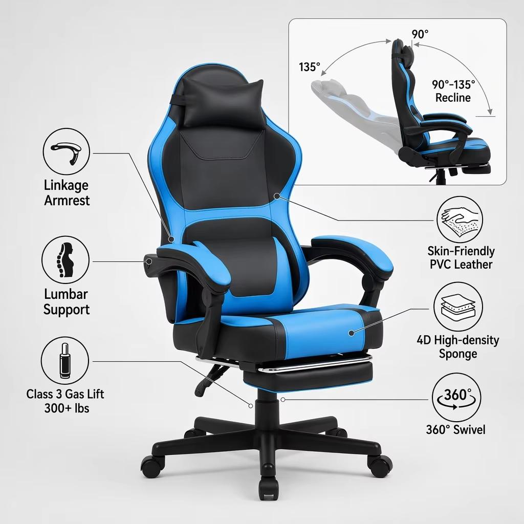 Ergonomic Business Gaming Chair with Lumbar & Neck Support, Adjustable Footrest, 300 Lbs Capacity (136 Kg), 360 Degrees Swivel