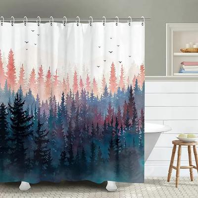 Wald Natur Landschaft Duschvorhang Berg Kiefer Rustikal Neblig Rosa Kunst Wasserdichter Stoff Badezimmer Vorhänge Mit Haken