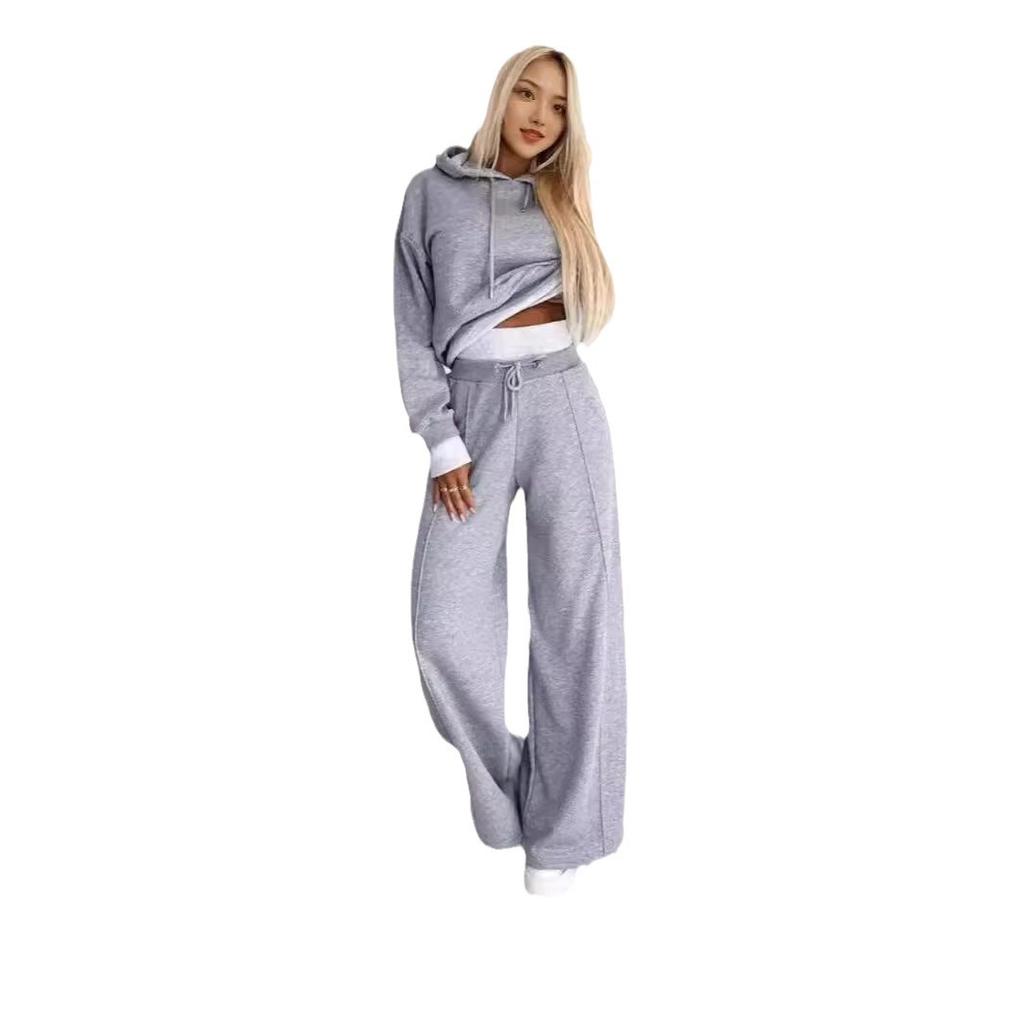 Women's Hooded Cropped Sweatshirt with Wide Leg Lounge Pants Set, Casual Comfort Outfit