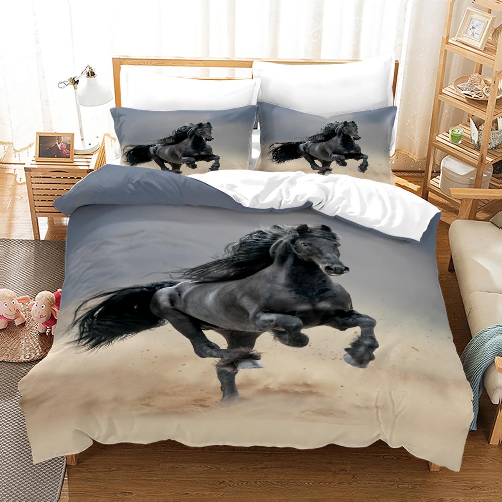 Luxury Black Horse Bedding Set Animal Microfiber Bed Linen Double Queen King Twin Size Gift Adults Men Duvet Cover Bedroom Decor
