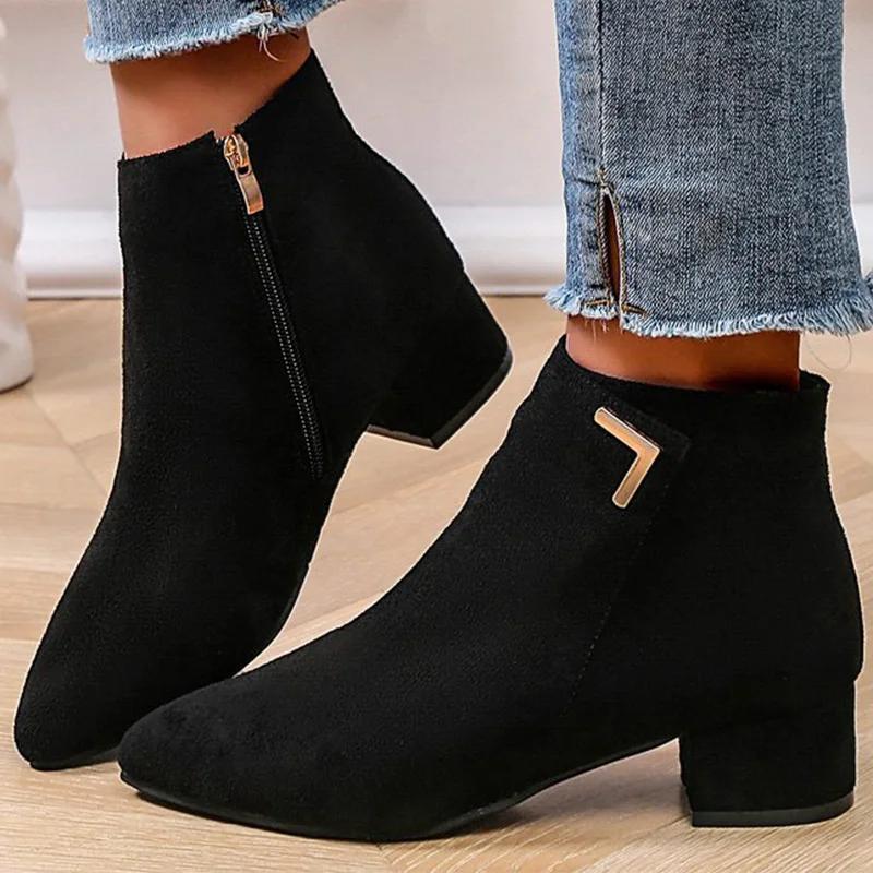 Fashion 2025 Spring Autumn Fashion Faux Suede Ankle Boots Women Solid Color Zipper Boots Woman Metal Decoration Pointed Toe Botas Lady