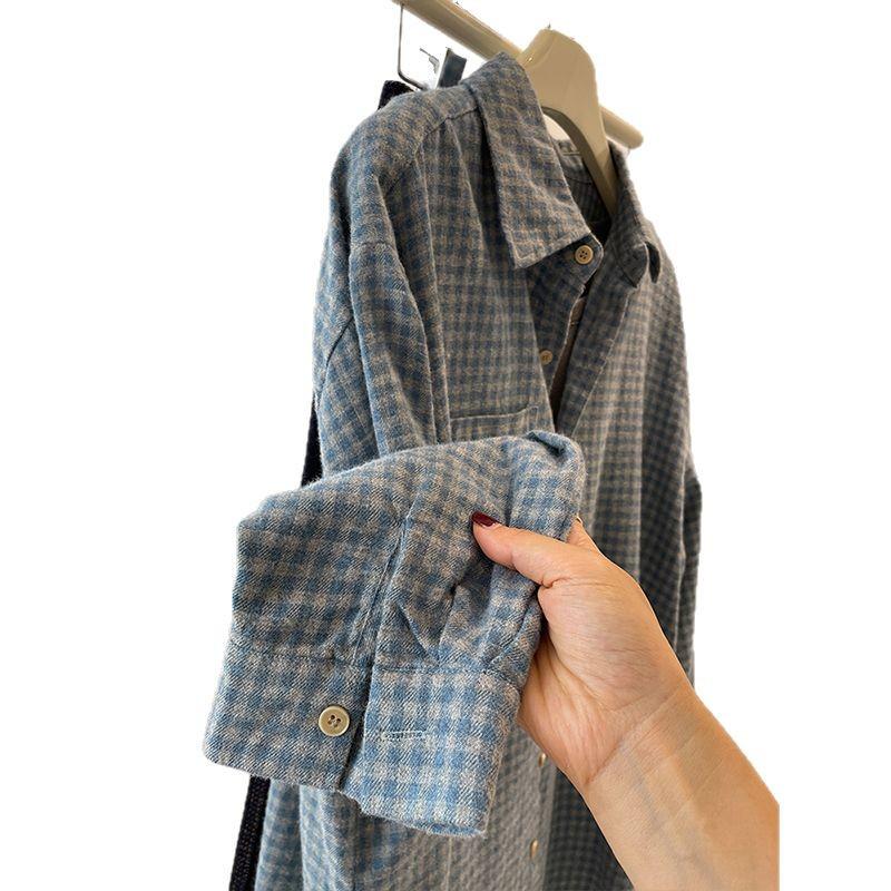 Women's Retro Brushed Blue Plaid Shirt Jacket – Thick, Loose Casual Outerwear for Autumn/Spring