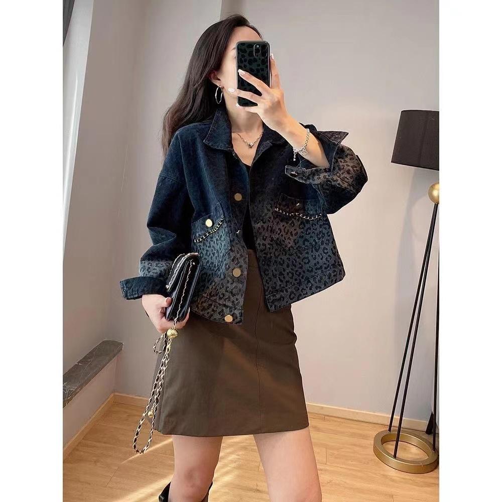 Black Retro Leopard Print Denim Jacket, Women's Fashion Short Jacket, Women's New Jacket