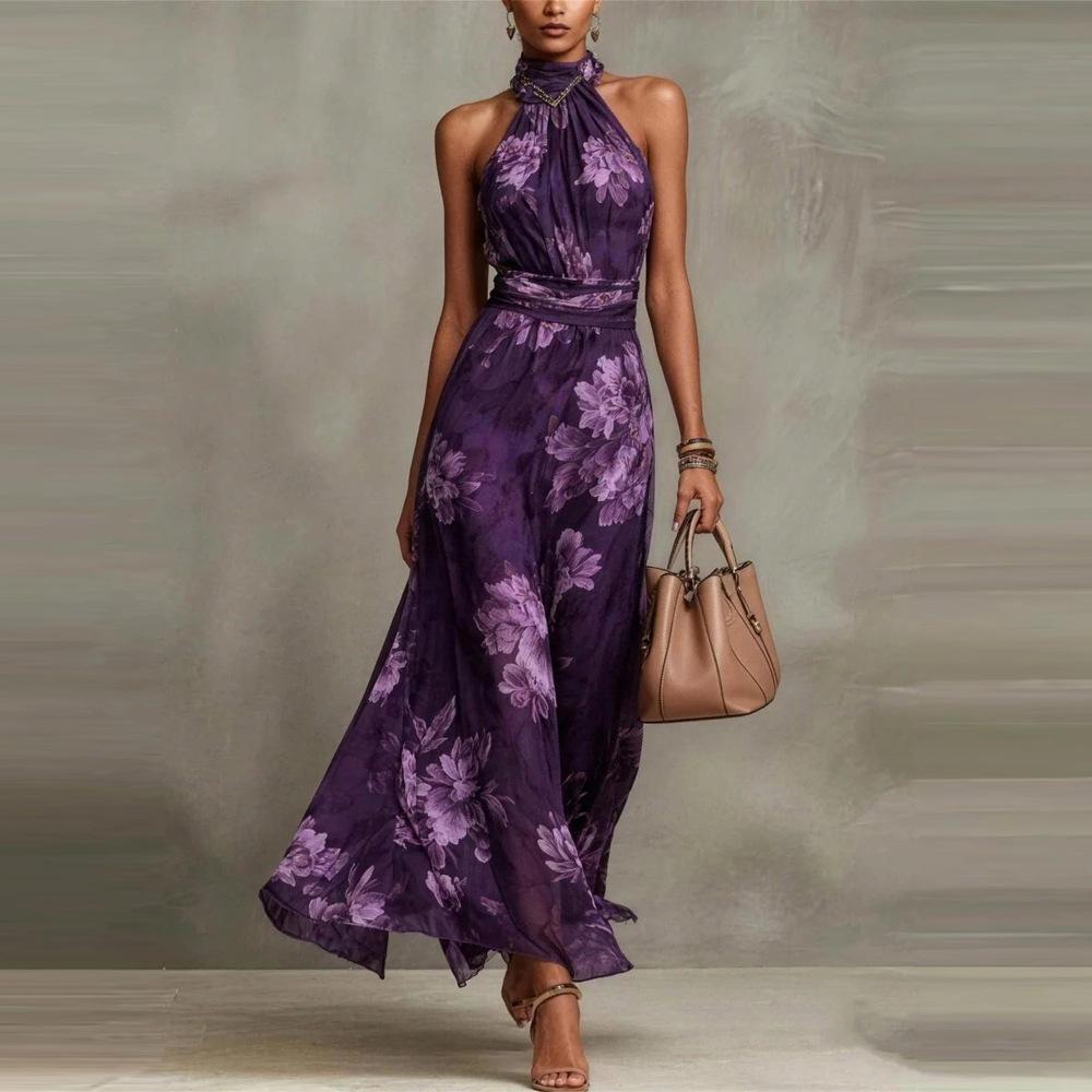 European and American cross-border 2026 women's clothing hip-wrapped mesh printing irregular split pleats sexy suspender dress long dress
