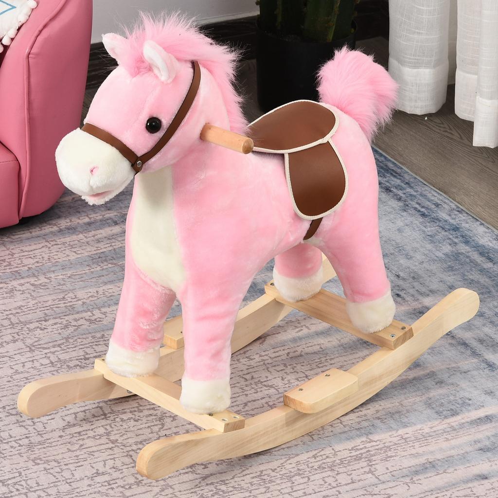 Kinder Schaukelpferd Baby Schaukeltier Pferd mit Tiergeräuschen Spielzeuggriffe für 36-72 Monate Plüsch Rosa 65 x 32,5 x 61 cm