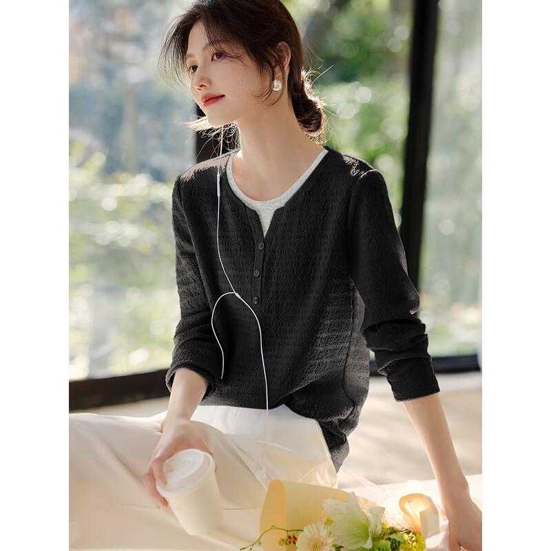 XWI Women s Elegant Faux Two-Piece Spliced Textured T-Shirt S
