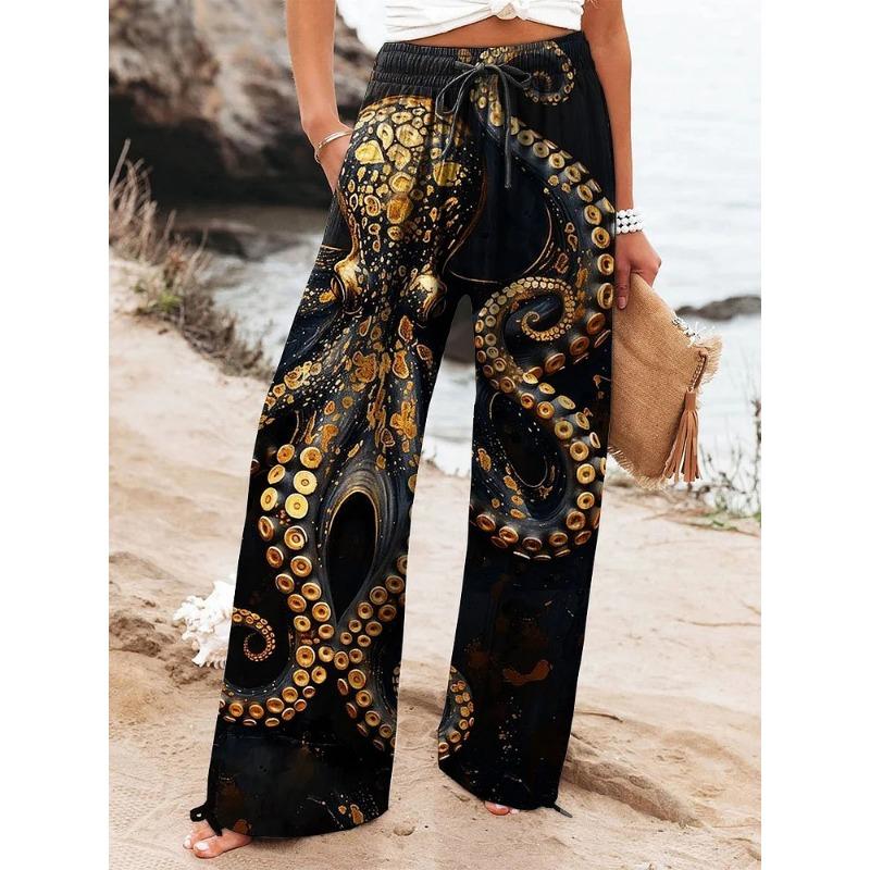 Women's Drawstring Relaxed-Fit Casual Pants 3D Floral Print Comfortable Breathable Fashionable Wide-Leg Pants
